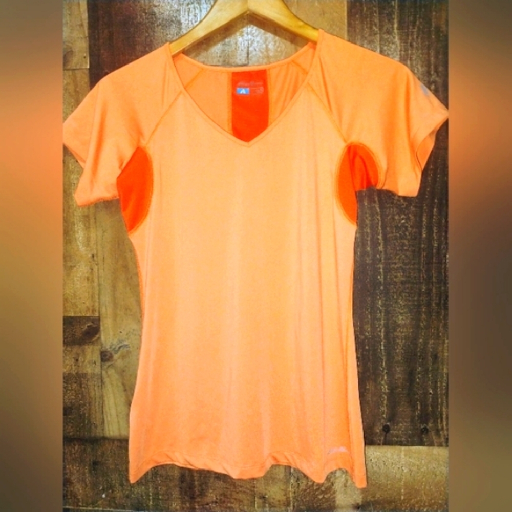 Eddie Bauer Orange Stretch Athletic Short Sleeve Shirt Top Small Work Out Tee - Picture 1 of 6